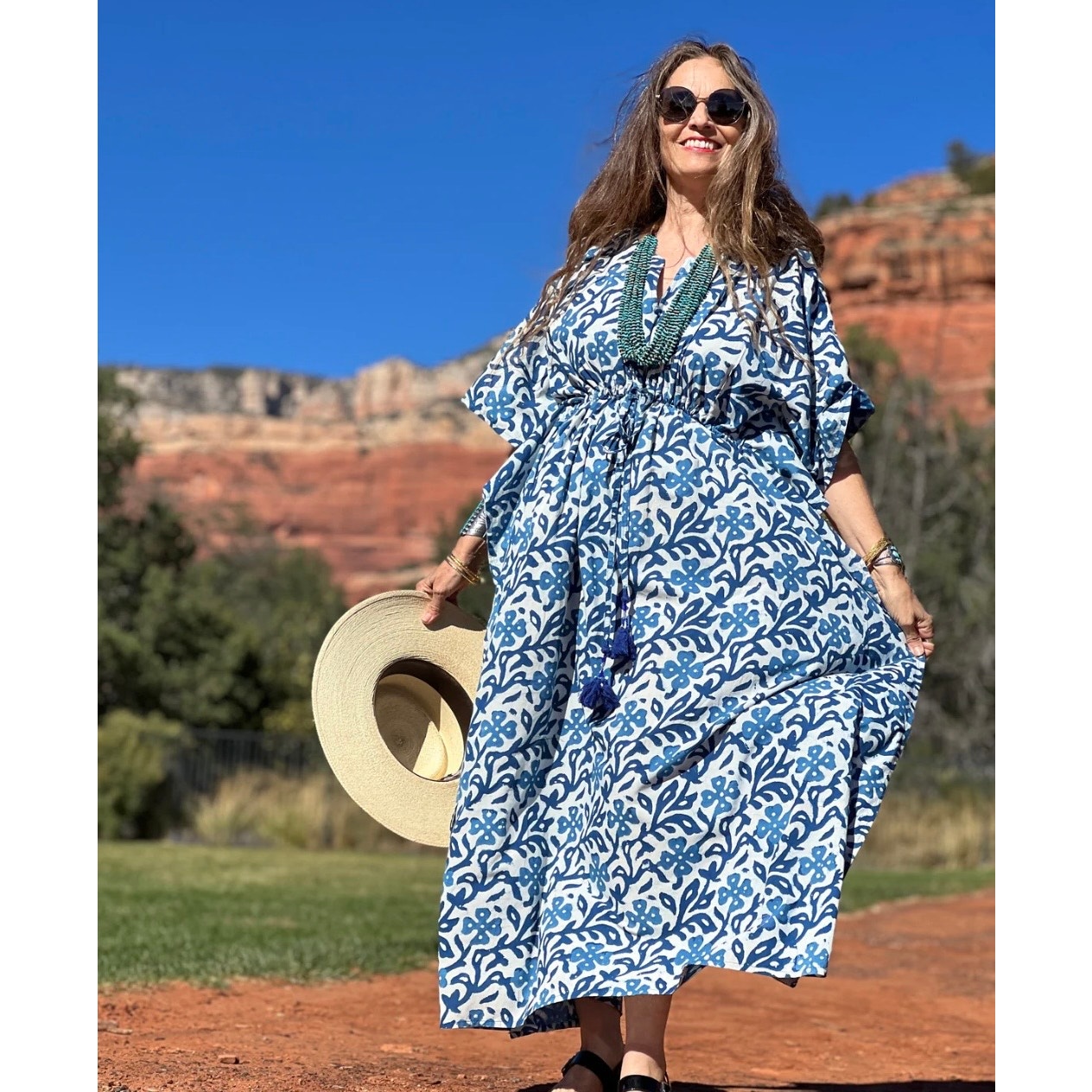 $285 Pax Philomena Indigo Floral Block Printed 100% Cotton Kaftan Boho- One Size — image 2 of 7